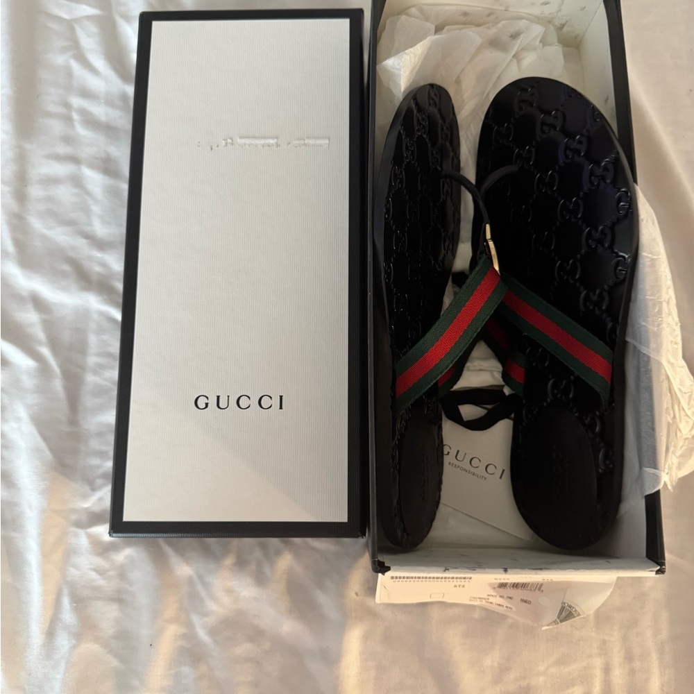 Gucci Black Sandals with Red and Green Straps